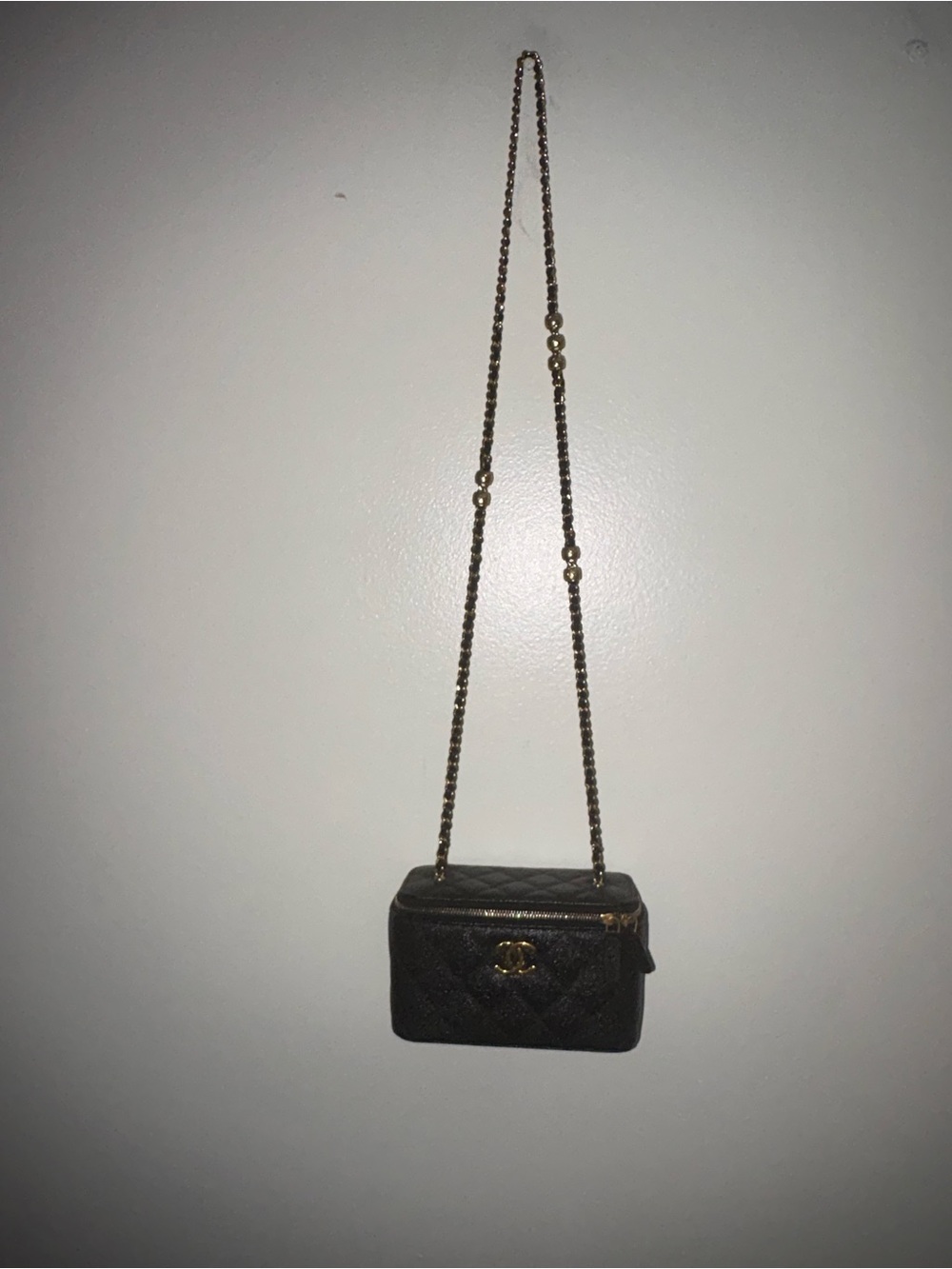 CHANEL Black Quilted Caviar Mini Vanity Crossbody with Gold Chain 2024